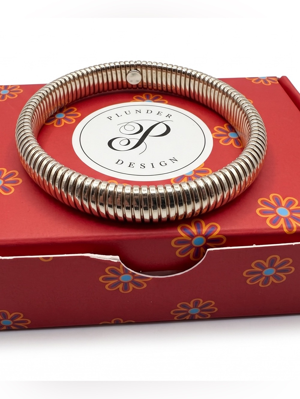 New in box Silver Coil Ribbed Stretch Stackable Palmer Bracelet by Plunder